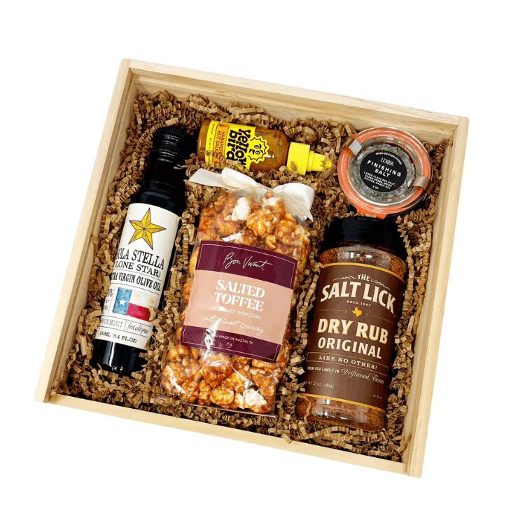 The “Taste of Austin” gift box from Bon Vivant includes local favorites like Salt Lick BBQ rub and Texas Hill Country olive oil, curated for Father’s Day gifting.