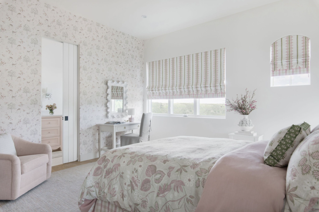 Pretty pops of pink and green in this bedroom at Heaton Hollow (photo by Avery Nicole)
