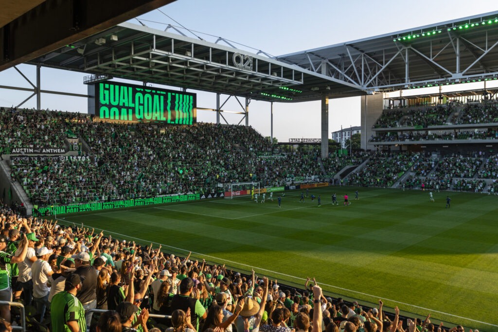 Wide stadium shots after a goal during the first half of the match against the Sporting Kansas City at Q2 Stadium in Austin, Texas, on Saturday May 18, 2024. (Photo by Jacob Gonzalez/Austin FC)