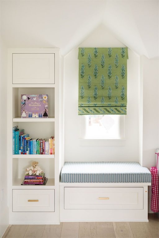 Kids Utility Room with Colorful Drapes and Shelving