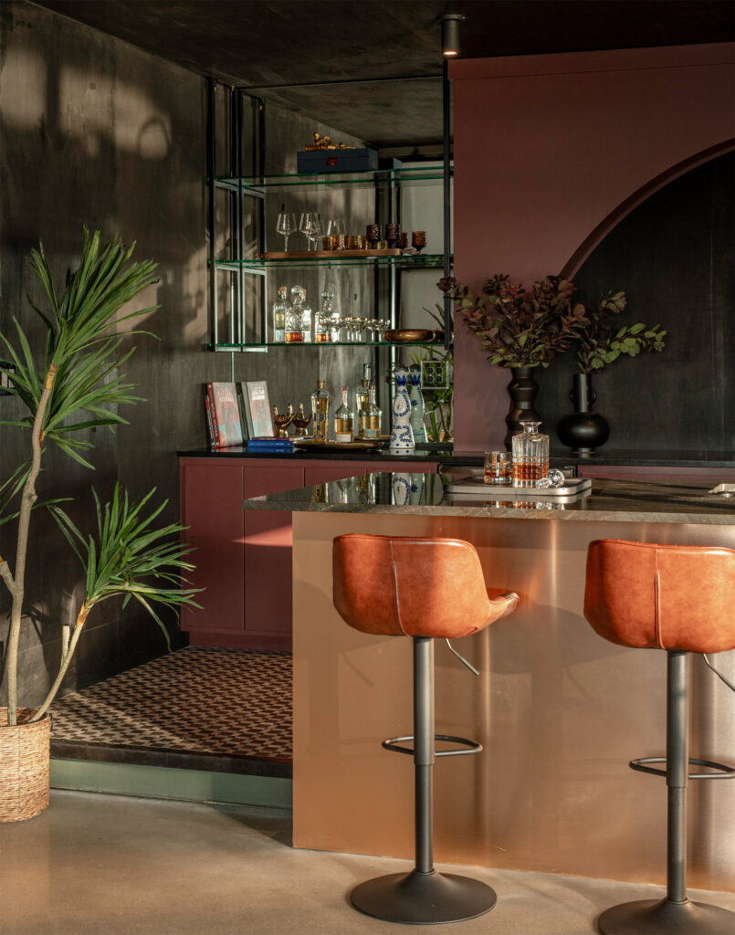 Bar Area of Home with Bar Stools and Greenery
