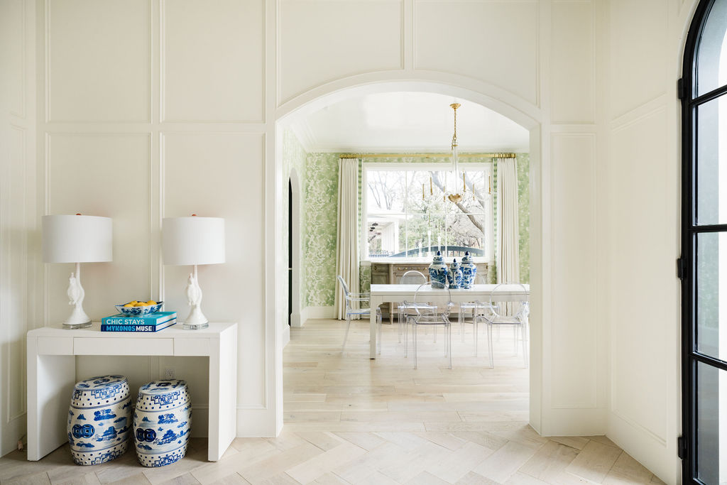 Entry Way Hallway with colorful Wallpaper and Bright Lighting
