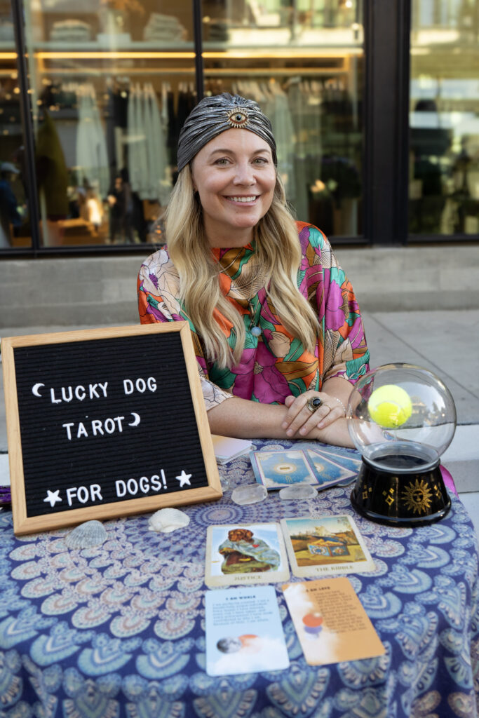 Sarah K. Wolf of Lucky Dog Tarot at Music Lane's Spooky Sip & Stroll event.