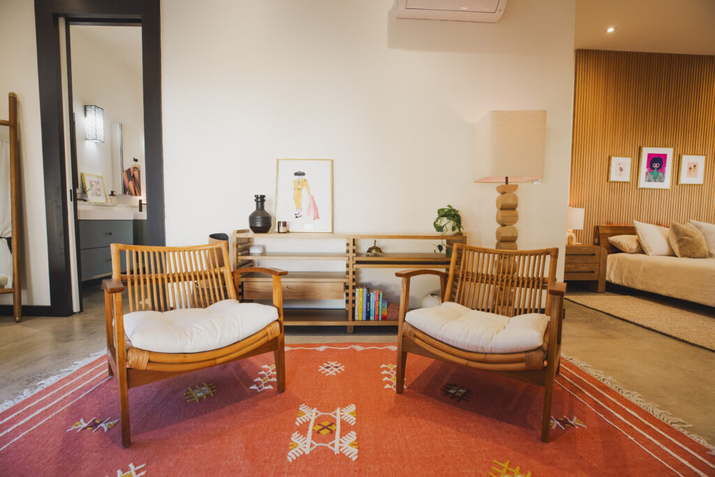 The bedroom includes a lovely sitting area at Little Lockhart Oasis. (photo by Laurel Coyles)