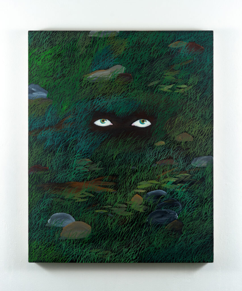 Ben Siekierski's oil painting "Eye Can See You," featuring eyes in the center of the canvas surrounded by a grass, on display at McLennon Pen Co. Gallery. (Photo by Zenko Photography)