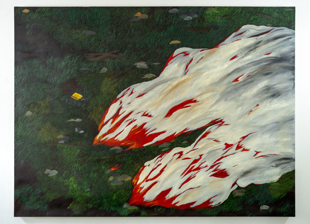 Ben Siekierski's oil painting "The Fire" showcasing a fire on a grass with a matchbox nearby on display at McLennon Pen Co. Gallery. (Photo by Zenko Photography)