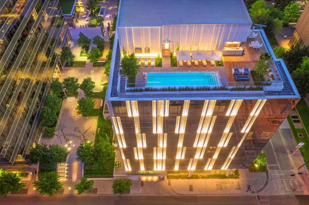 A heated pool and fireplace await on the rooftop. (photo courtesy of HALL Arts Hotel)