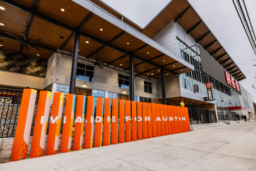 Pillars featuring the phrase "Made for Austin" are showcased at the newly renovated South Congress H-E-B. (Photo courtesy of H-E-B)