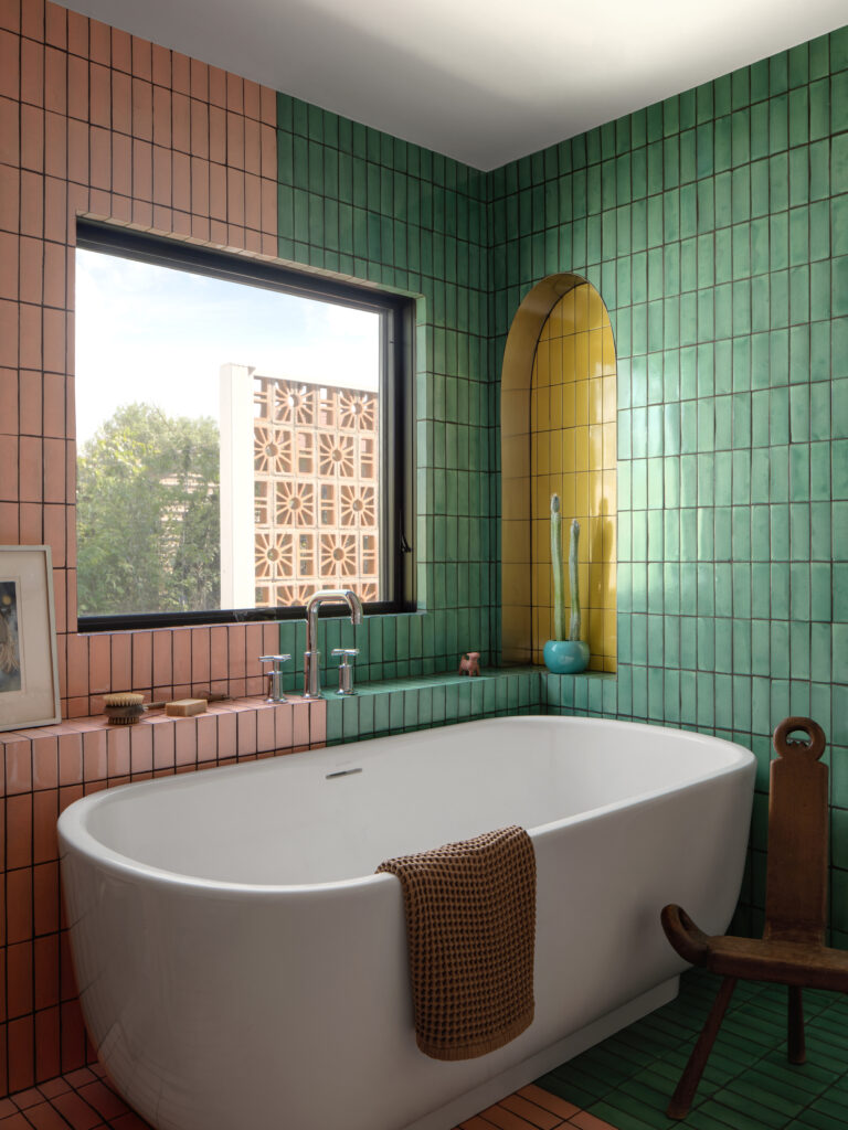 Colorful Home Renovation in East Austin Primary Bathroom