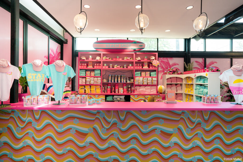 The Barbie beach-themed merchandise shop at the Malibu Barbie Café pop-up in Houston. (Photo courtesy of Bucket Listers)