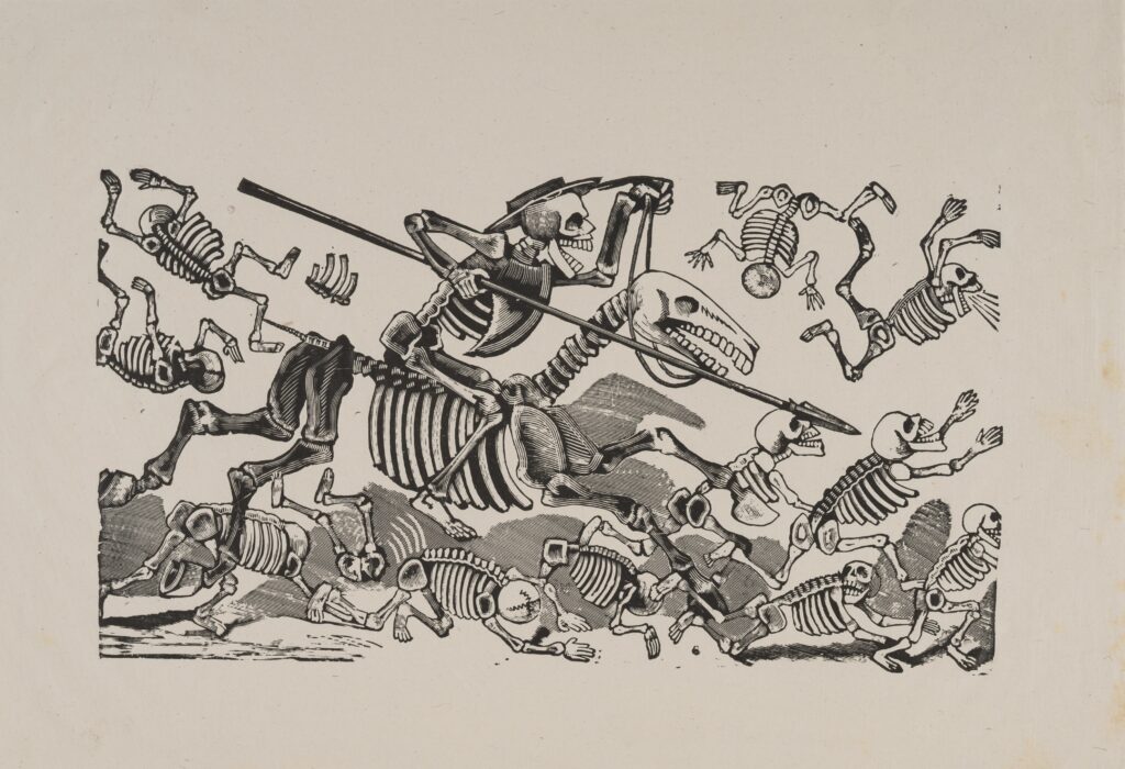 José Guadalupe Posada, Calavera de Don Quixote [Don Quixote's Skeleton], circa 1910-1913, relief etching on type metal and metalcut, 9 7/16 × 13 13/16 in., Blanton Museum of Art, The University of Texas at Austin, Gift of Frank Ribelin, 2008.