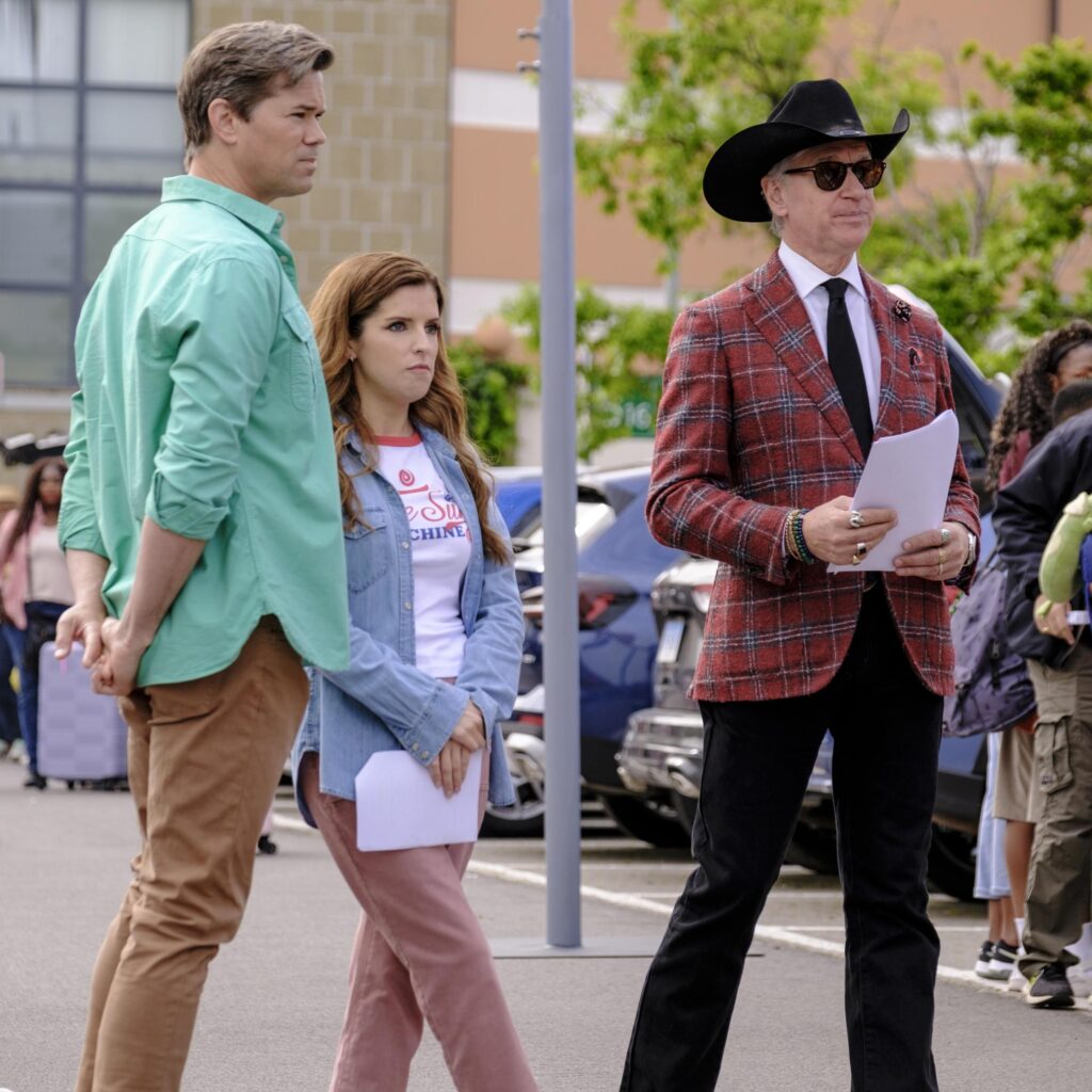 Andrew Rannells, Anna Kendrick and Paul Feig on the set of "Another Simple Favor." (Photo courtesy of Lorenzo Sisti © AMAZON CONTENT SERVICES LLC)