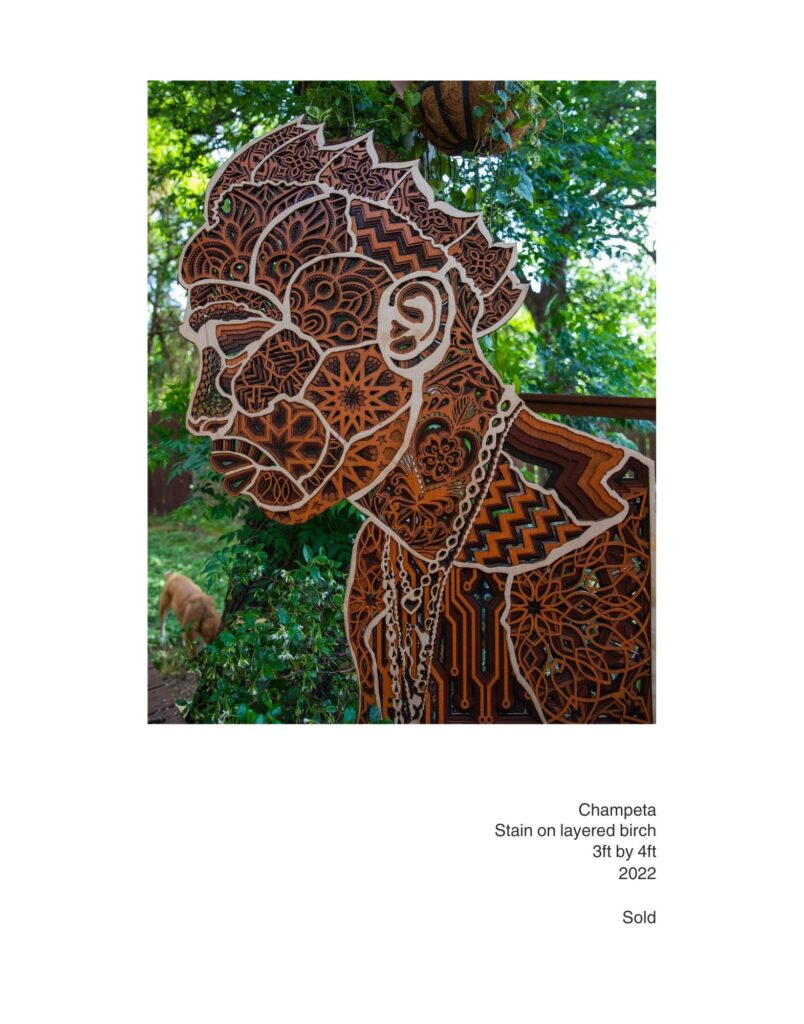 "Champeta," a 36-by-48-inch artwork by Felipe Gomez, features stain on layered Baltic birch wood. Part of the artist’s Divine series, the piece explores the male divine and reflects his Colombian roots and the Afro-influence on his culture.