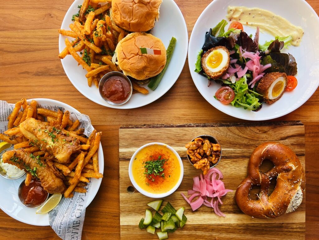 Spread of Irish dishes at Foxy's Proper Pub. 