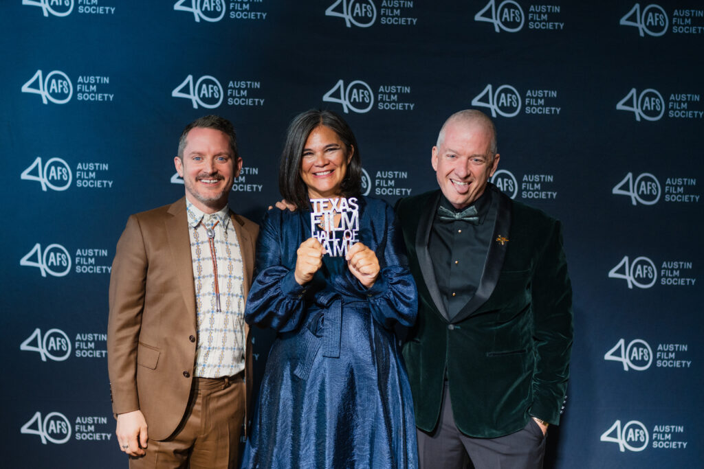 Elijah Wood with Karrie and Tim League, inductees into the Texas Film Hall of Fame. (Photo by Lauren Slusher)