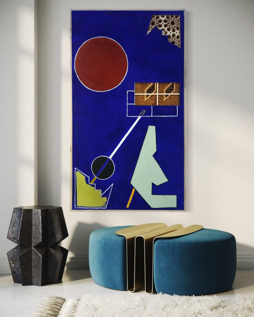 "Ventanas en azul," a 2025 multimedia artwork by Felipe Gomez, features oil and layered birch on canvas.