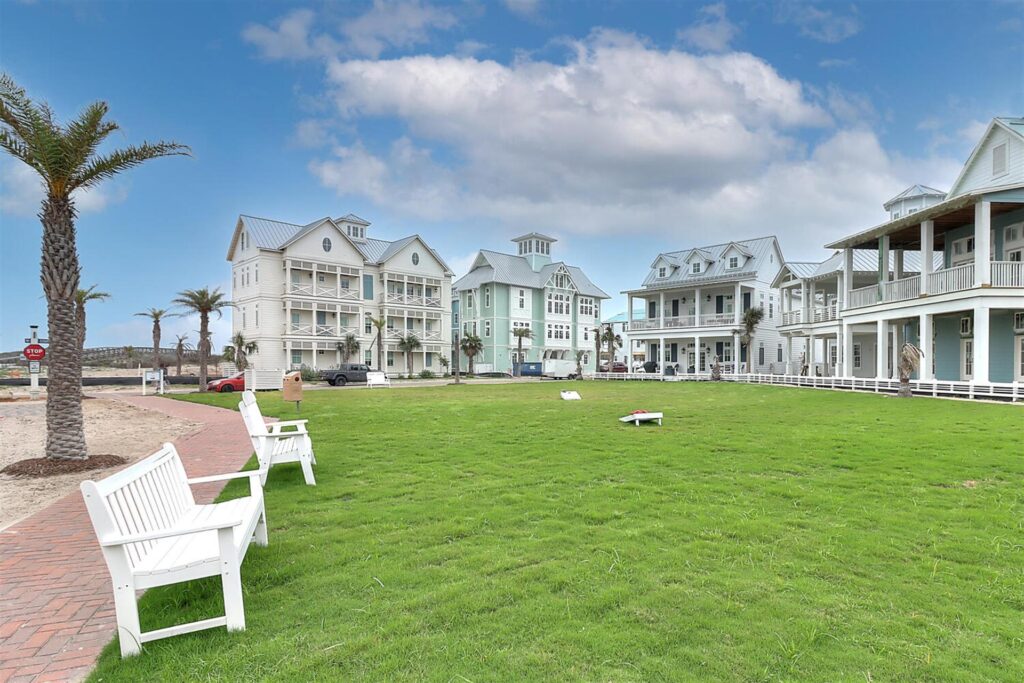 Spacious community lawn for playing games.