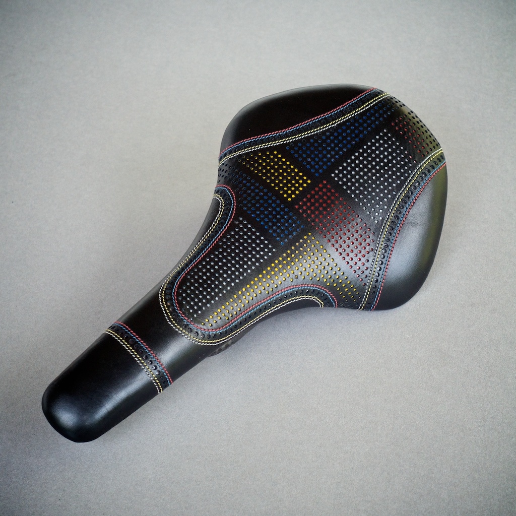 Fizik Antares Carbon 00 Look Mondrian De Stijl Modern Leather Black, Yellow, Red, Blue and Silver Brogue Wingtip Saddle Seat Custom Barwrap Set Handmade