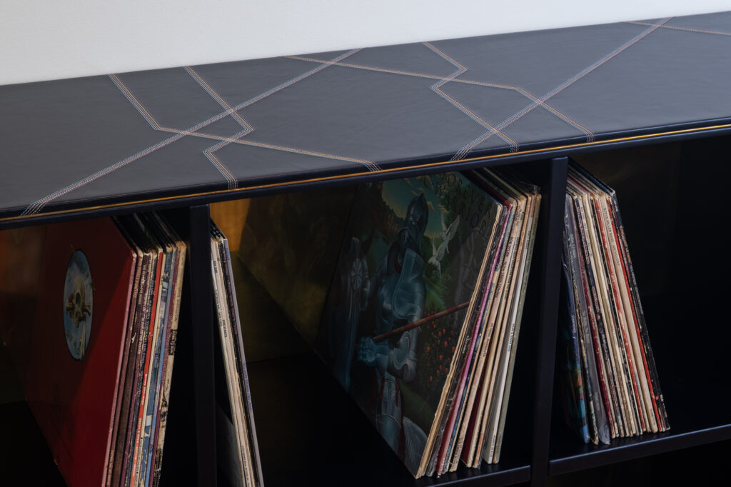 Leather Record Cabinet with Decorative Stitching by Obsidian Leather Goods