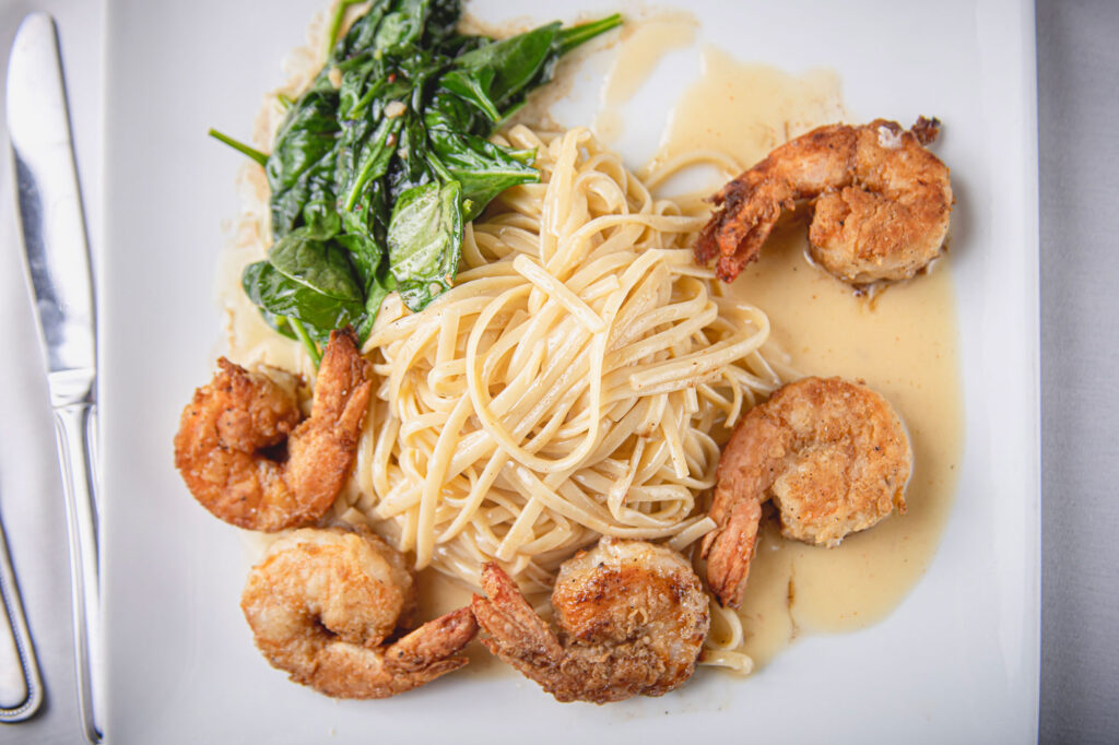 Wild Jumbo Gulf Shrimp with linguini & sautéed spinach at Lisabella's Bistro & Bar in Cinnamon Shore, Texas