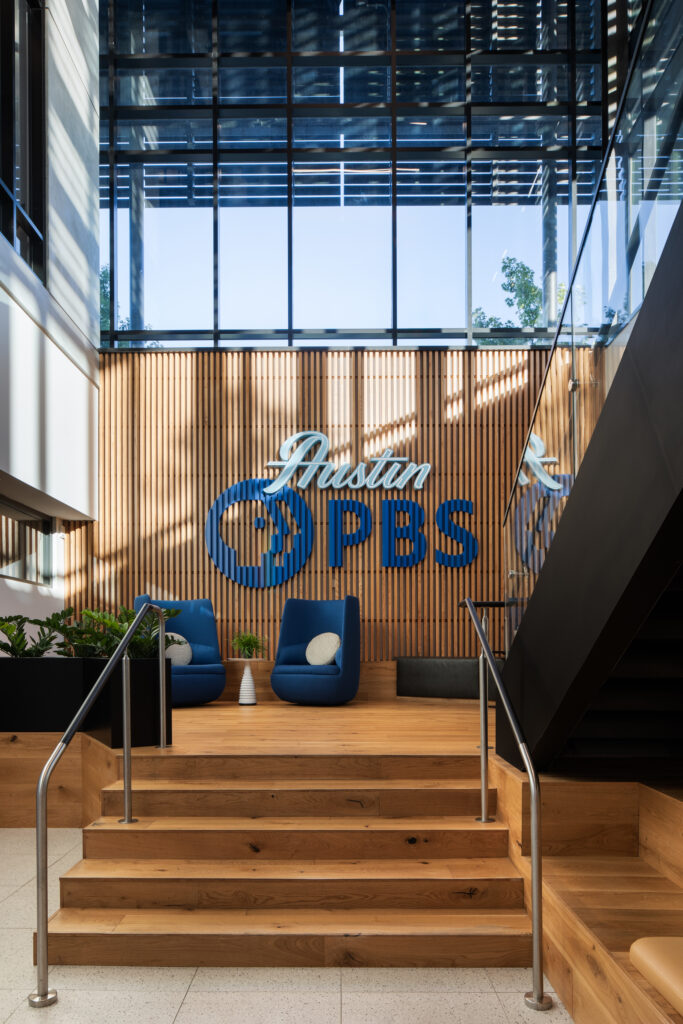 The lobby of the newly redesigned Austin PBS headquarters.