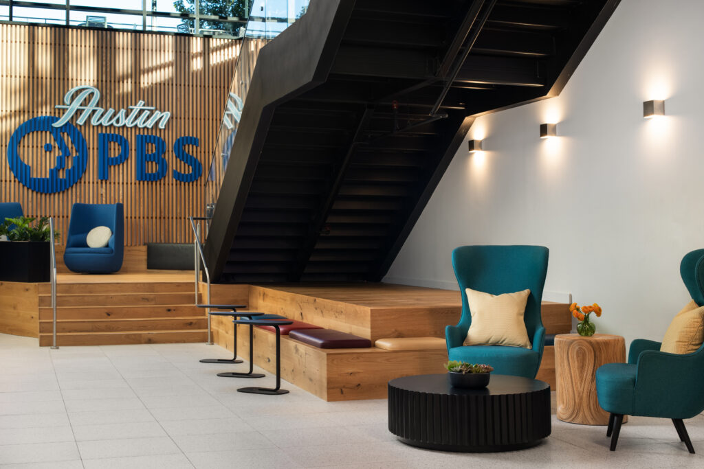 The lobby of the newly redesigned Austin PBS headquarters.
