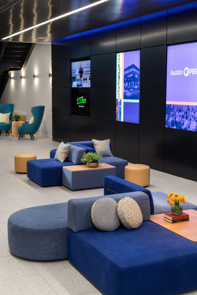 The lobby of the newly redesigned Austin PBS headquarters.
