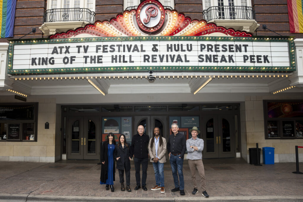 (From left) Lauren Tom, Pamela Adlon, executive producers Mike Judge, Saladin Patterson and Greg Daniels, and Toby Huss attend an ATX TV Festival sneak peek of the upcoming return of “King of the Hill” in Austin, Texas, on May 30, 2025. (Photo courtesy of Disney/Scott Moore)