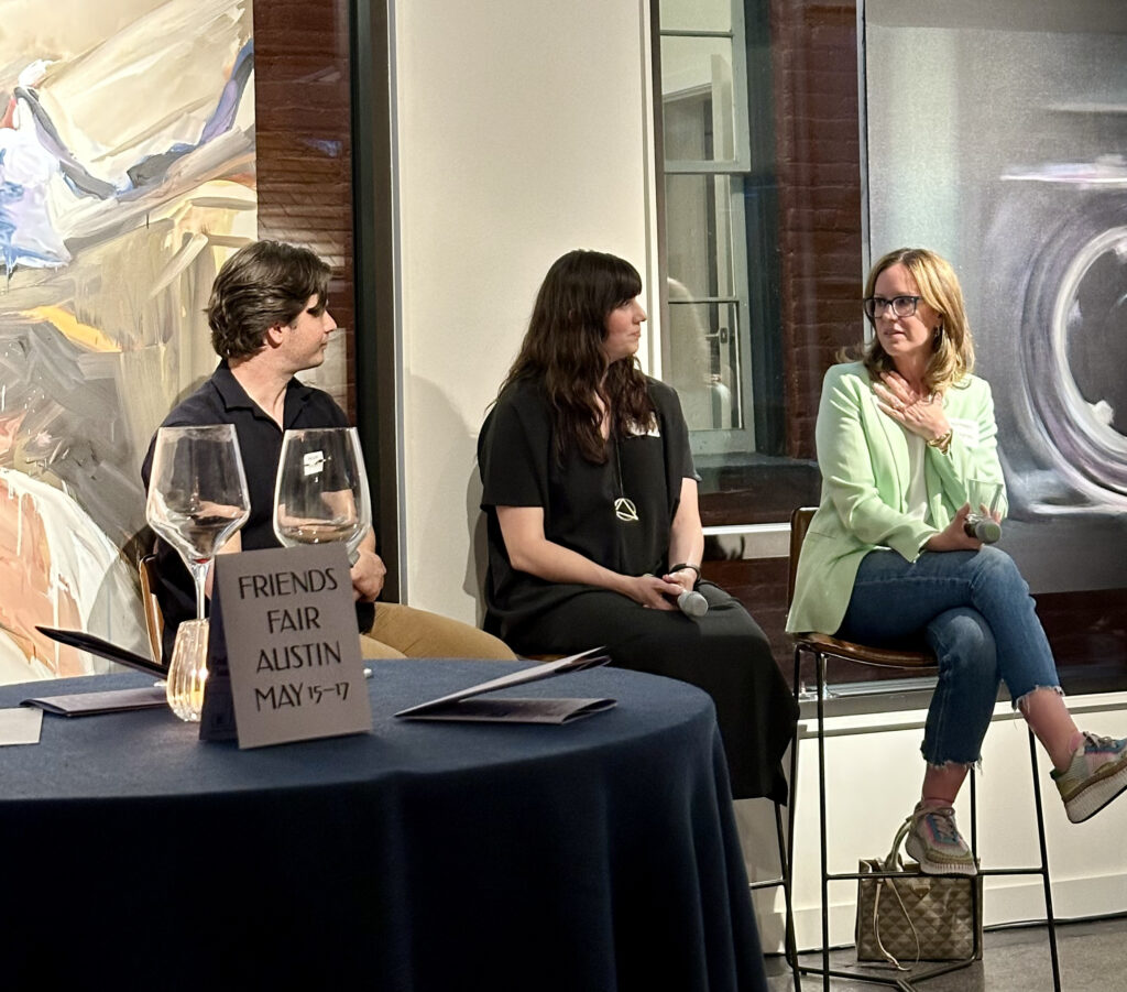 From left, Kevin Ivester, Blanton Museum of Art curator Hannah Klemm and collector Katherine Laughlin speak during a Friends Fair preview panel at Paggi House in Austin, Texas, on April 28, 2025.