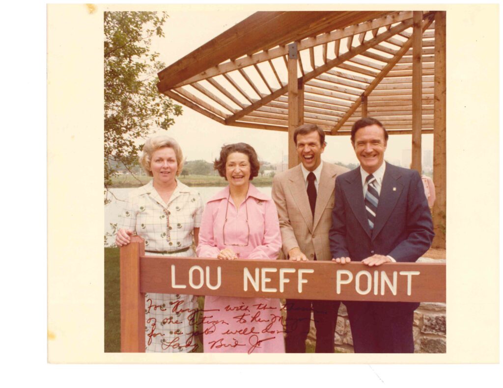 Mayor Roy Butler, Lady Bird Johnson, and friends of the Butler Trail at the Lou Neff dedication. (Photo courtesy of the Butler family library’s private collection)