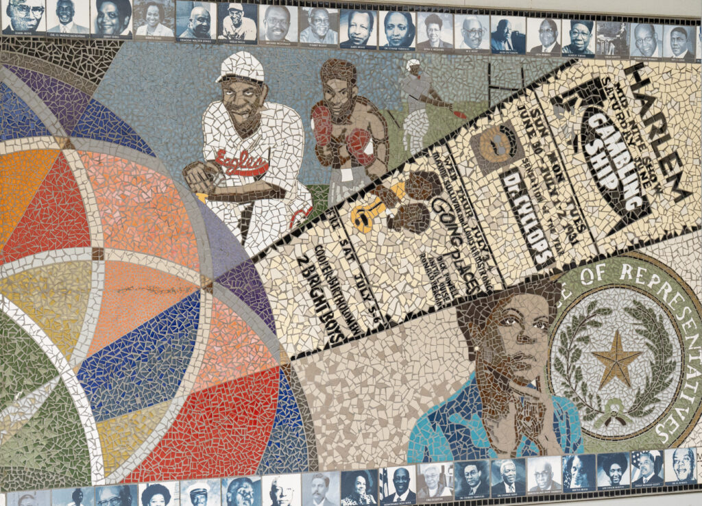 Mosaic mural at the African American Cultural and Heritage Facility depicts the interconnected stories of East Austin's history, showcasing both cultural icons and everyday community builders who shaped the neighborhood. (Photo by Cassie Butterfield)