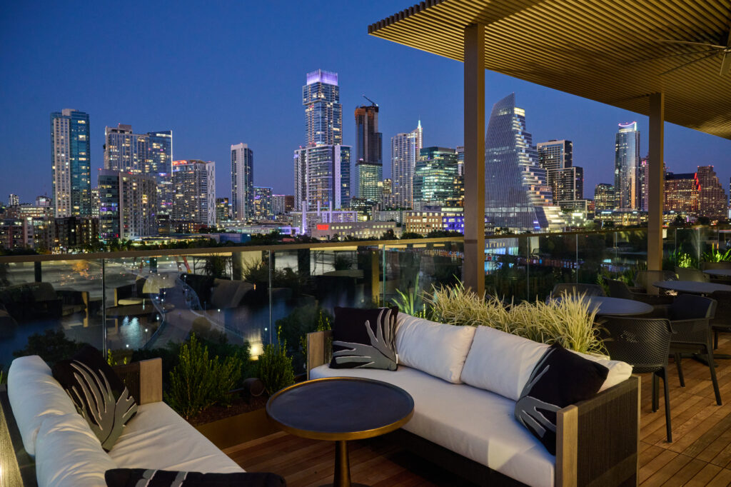 The Loren Hotel Austin rooftop restaurant Nido overlooks Downtown Austin. (Photo by Casey Woods)