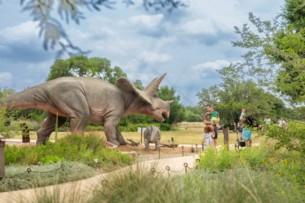 life-sized animatronic dinosaurs for Dinos in the Wild at Wildflower Center in Austin