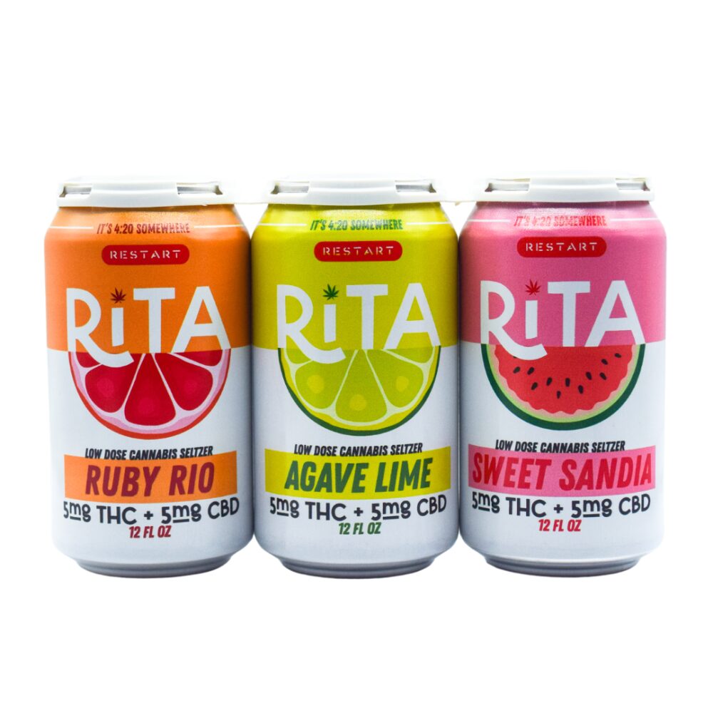 THC-infused seltzer produced by Austin-based RESTART, shown in a variety pack featuring Ruby Rio, Agave Lime, and Sweet Sandia flavors. (Photo courtesy of Restart)