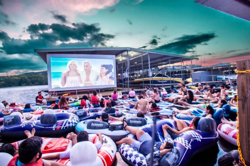 Guests watch a lakeside screening during Movies on the Lake at Mozart’s Coffee Roasters in Austin. (Photo courtesy of Mozart’s Coffee Roasters)