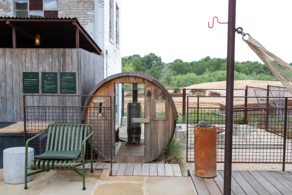 Private area of Ottine Mineral Springs inclues a sauna, cold plunge and views of the countryside.