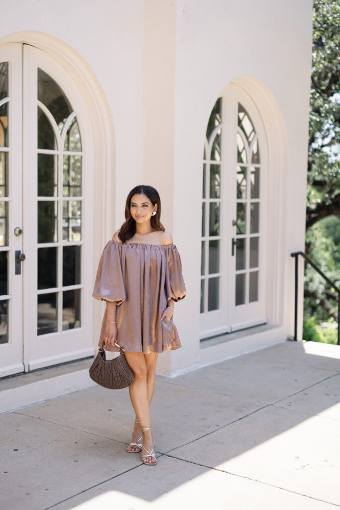 @heynasreen x Mare Mare Off-The-Shoulder Puff-Sleeve Shine Mini Dress