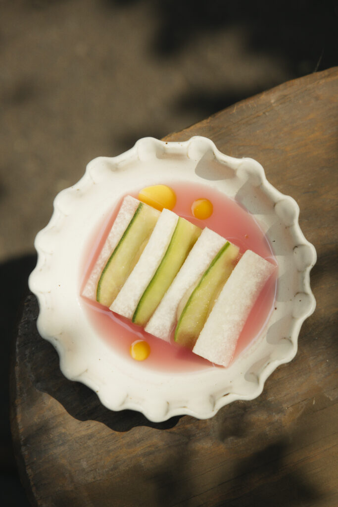 Scallops with jicama, cucumber, and lemon are served at Rosetta, the acclaimed Mexico City restaurant led by Chef Elena Reygadas. (Photo by Maureen M. Evans)