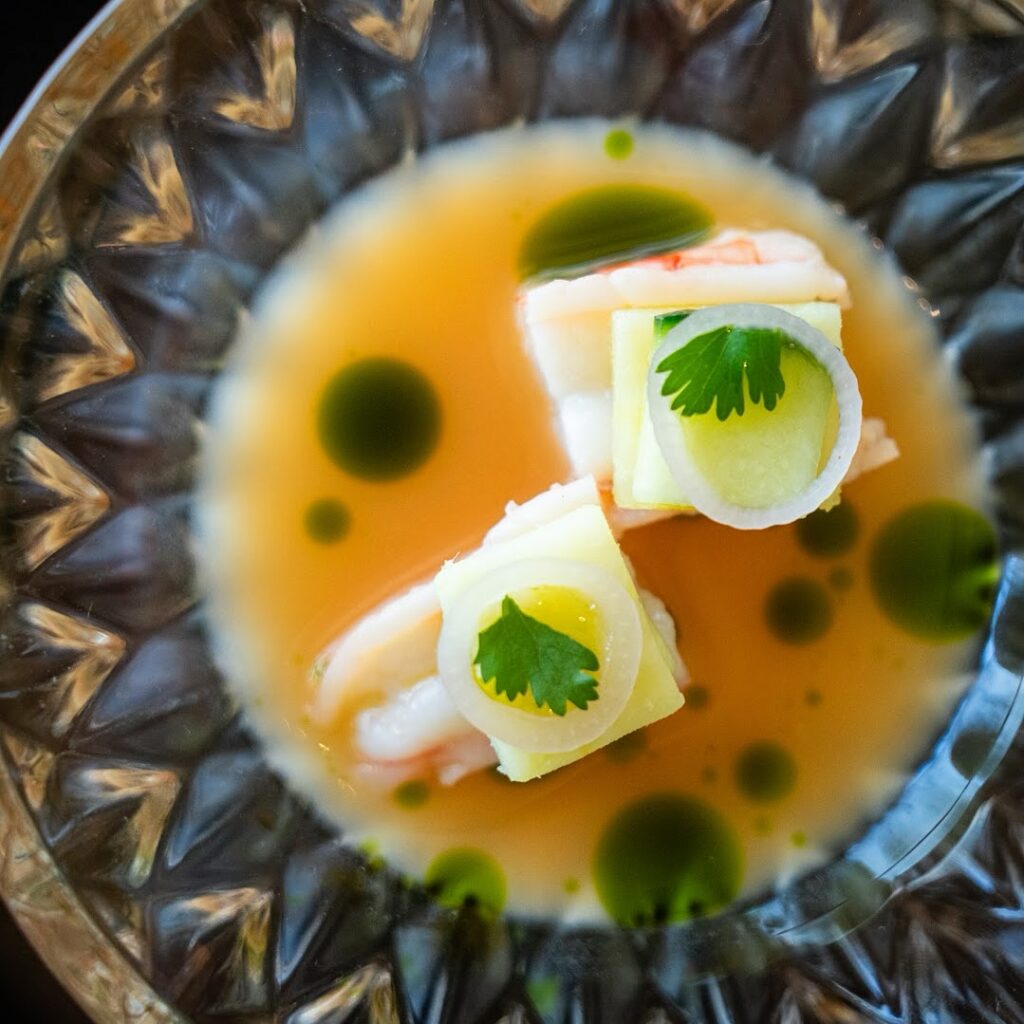 Craft Omakase's Aquachile featuring Gulf pink shrimp, Japanese sweet potato, and leche de tigre. (Photo courtesy of Craft Omakase)