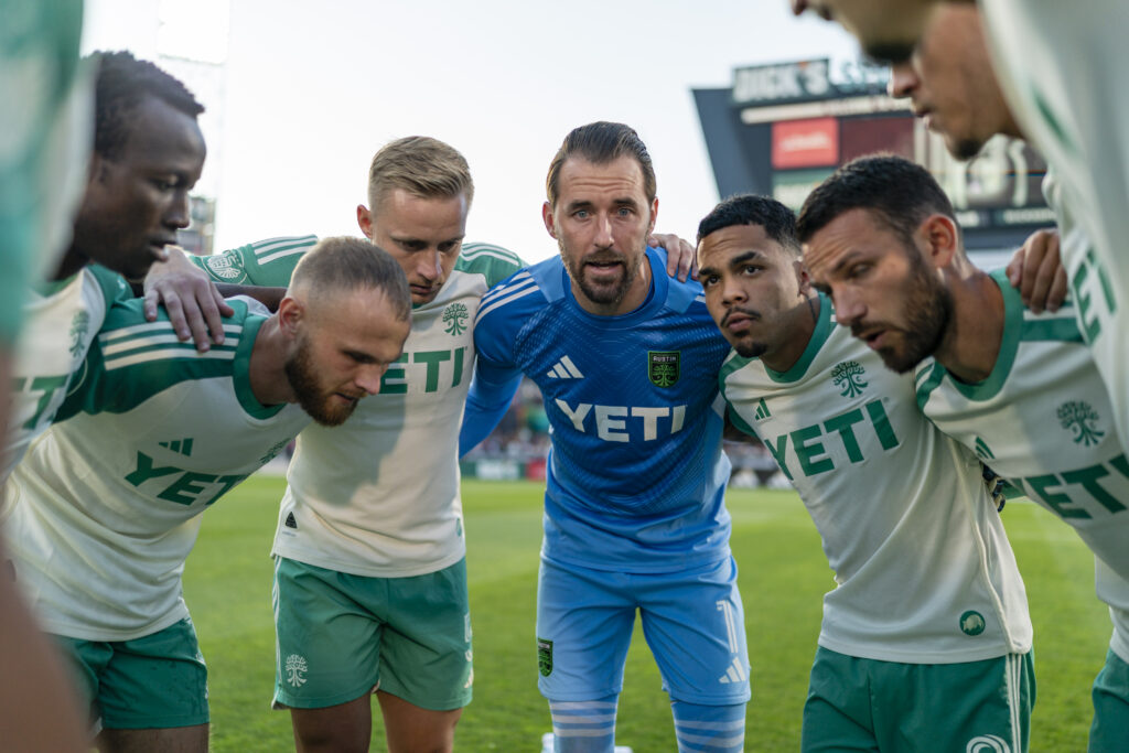 Austin FC huddles before the match against the Colorado Rapids at Dick’s Sporting Goods Park in Commerce City, Colorado, on Saturday June 7, 2025.