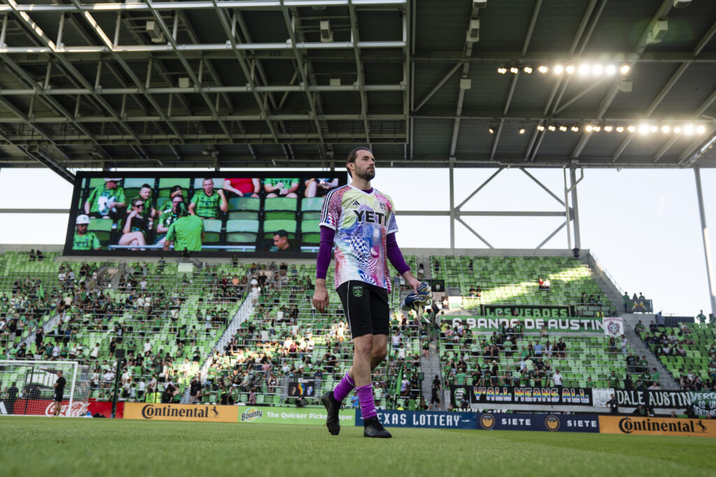 Austin FC goalkeeper Brad Stuver #1 during warmups for the match against the New York Red Bulls at Q2 Stadium in Austin, Texas, on Saturday June 14, 2025. (