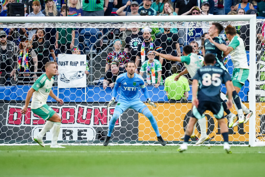 Austin FC goalkeeper Brad Stuver #1 defends the ball during the first half of the match against Seattle Sounders at Lumen Field in Seattle, Washington, on Saturday June 28, 2025.