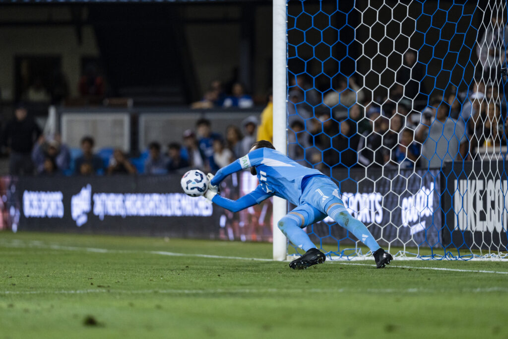 Austin FC goalkeeper Brad Stuver #1 makes a save during penalty shootout of the US Open Cup Quarter-final match against the San Jose Earthquakes at PayPal Park in San Jose, California, on Wednesday July 9, 2025