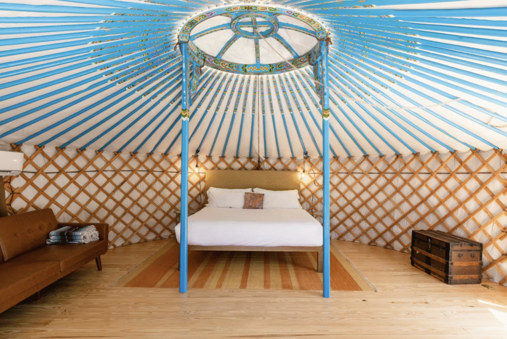 A luxury yurt at The Yurtopian Hill Country Resort in Dripping Springs, Texas. Each yurt sleeps two guests and rents for $329 per night before taxes and fees.