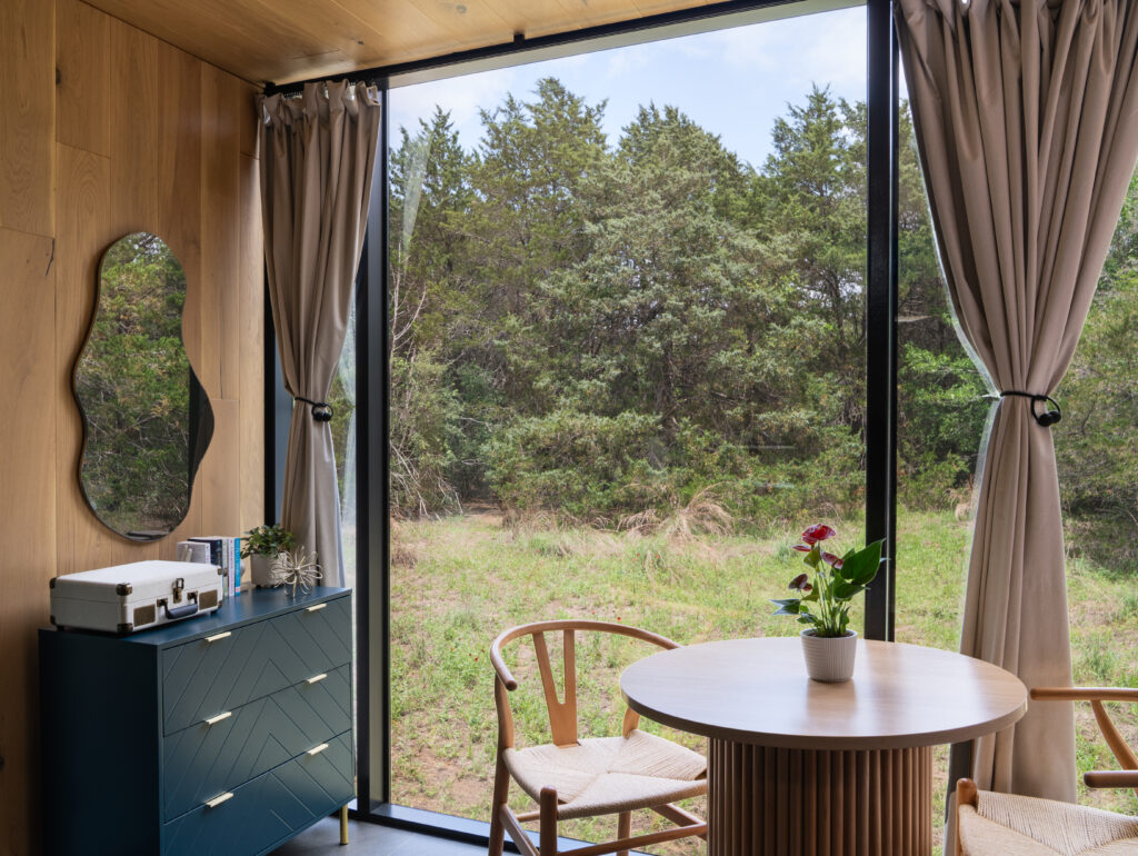 The Bloom’s living area features a record player