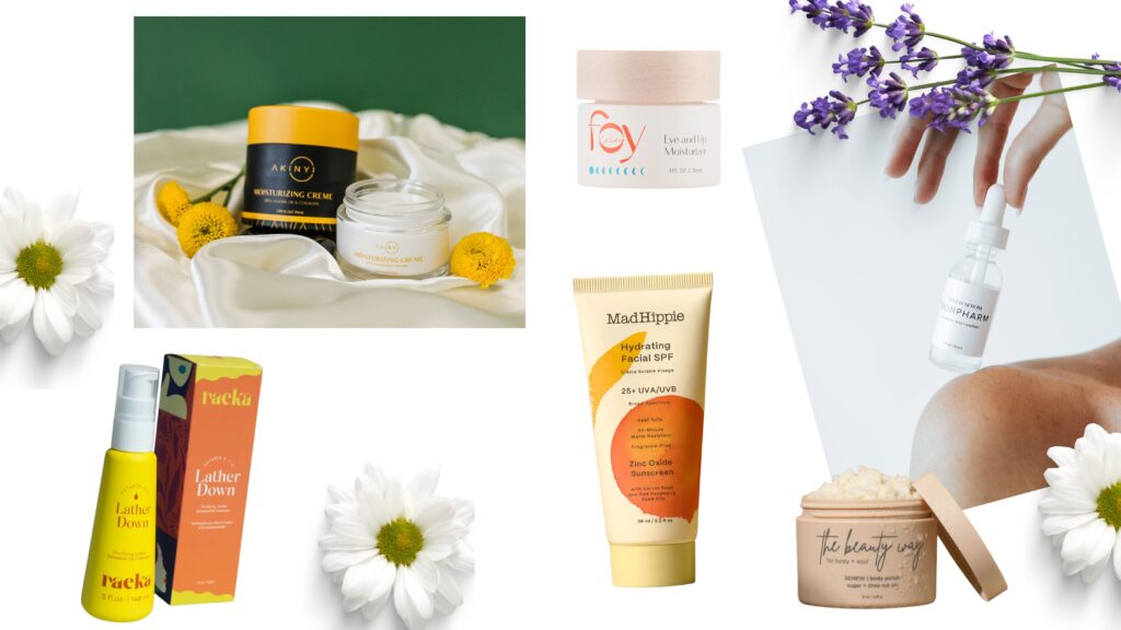Six skin-care products that we love. (Graphic by Cassie Butterfield)