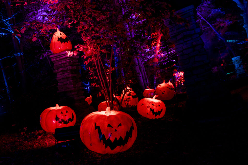 An illuminated scene of Halloween Town on the trail.
