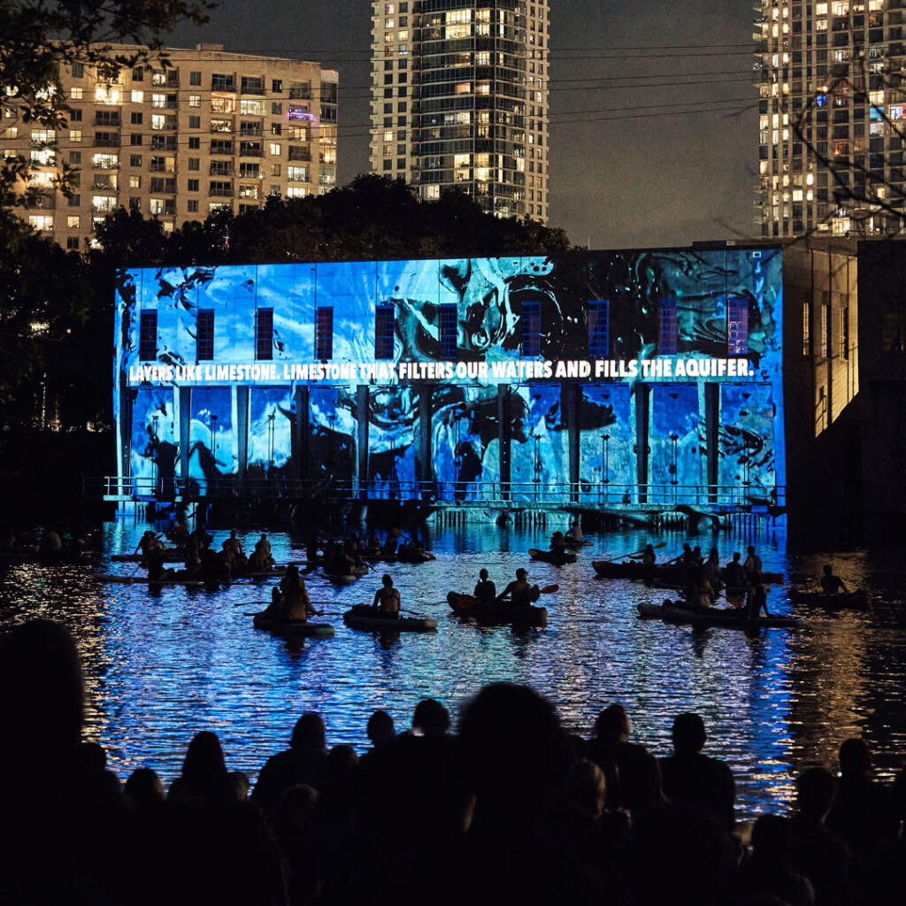 The video projection “Layers Like Limestone” by Riley Williamson and Sara Aleyce Roma of Favored Channels during WaterWork 2024.