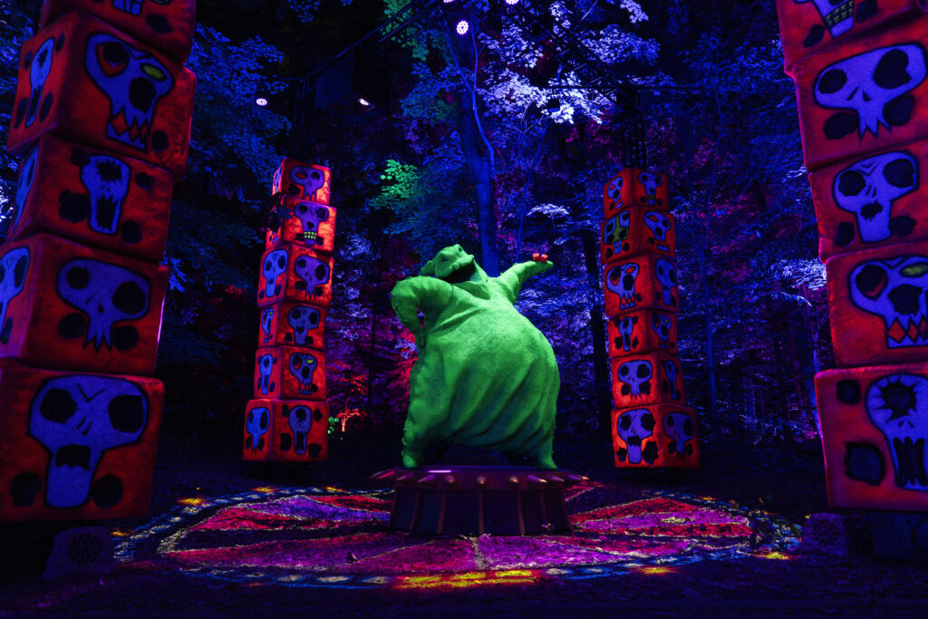 The Oogie Boogie character appears in a light installation at Disney Tim Burton’s “The Nightmare Before Christmas” Light Trail, opening Sept. 25 at the Lady Bird Johnson Wildflower Center in Austin.