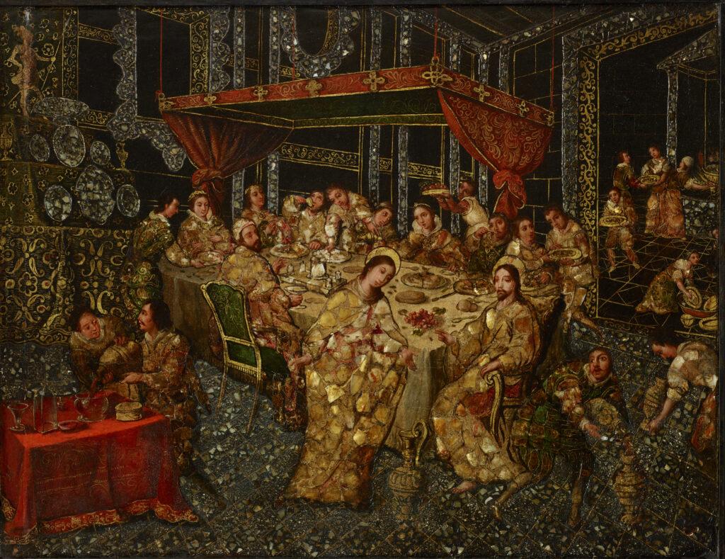 Nicolás Correa, The Wedding at Cana, 1696, oil and mixed media on wood panel, inlaid with mother-of-pearl (nácar) (photo: courtesy of The Hispanic Society of America, New York)